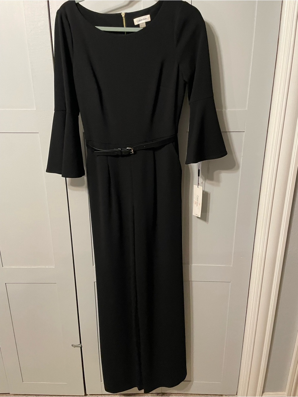 Calvin Klein Black Bell-Sleeve Maxi Dress with Slim Belt